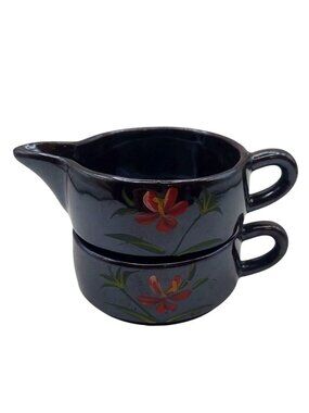 Vintage Redware Stacking Creamer & Sugar Set Hand Painted Red Floral Japan